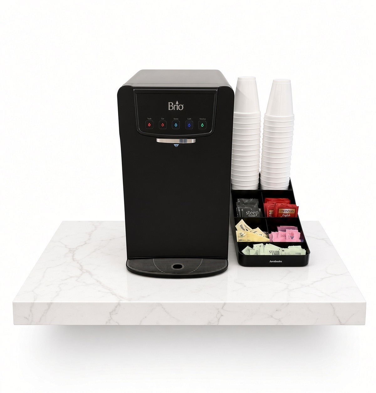 Brio sparkling water dispenser with cups and tea on marble countertop